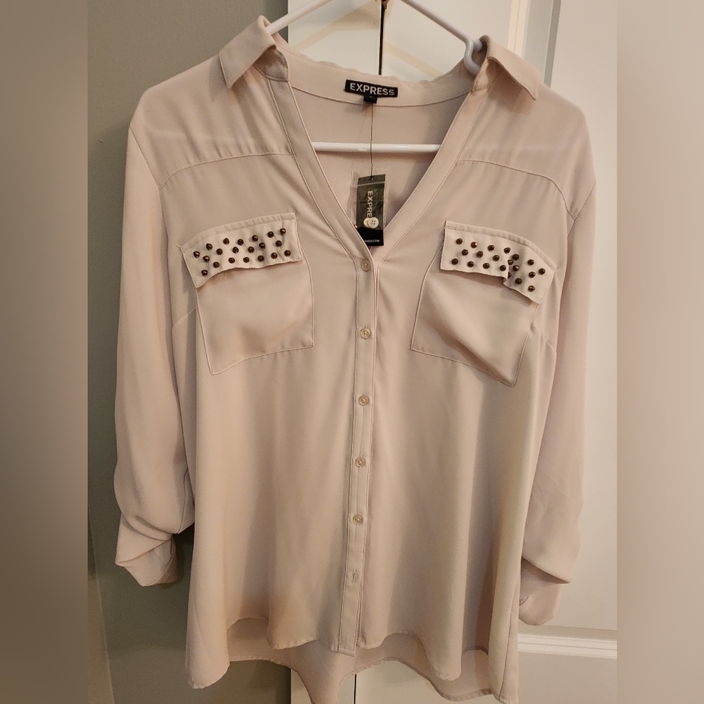 Express Studded Pocket Button-Down Blouse - Cream… - image 1